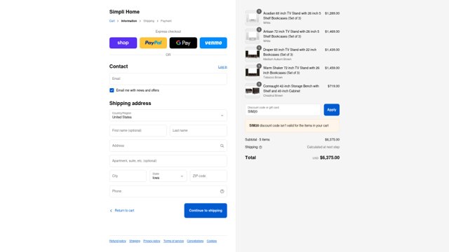 Simpli Home checkout page showing Simpli Home coupon code box | Screenshot taken by SimplyCodes community member on Sep 4, 2025