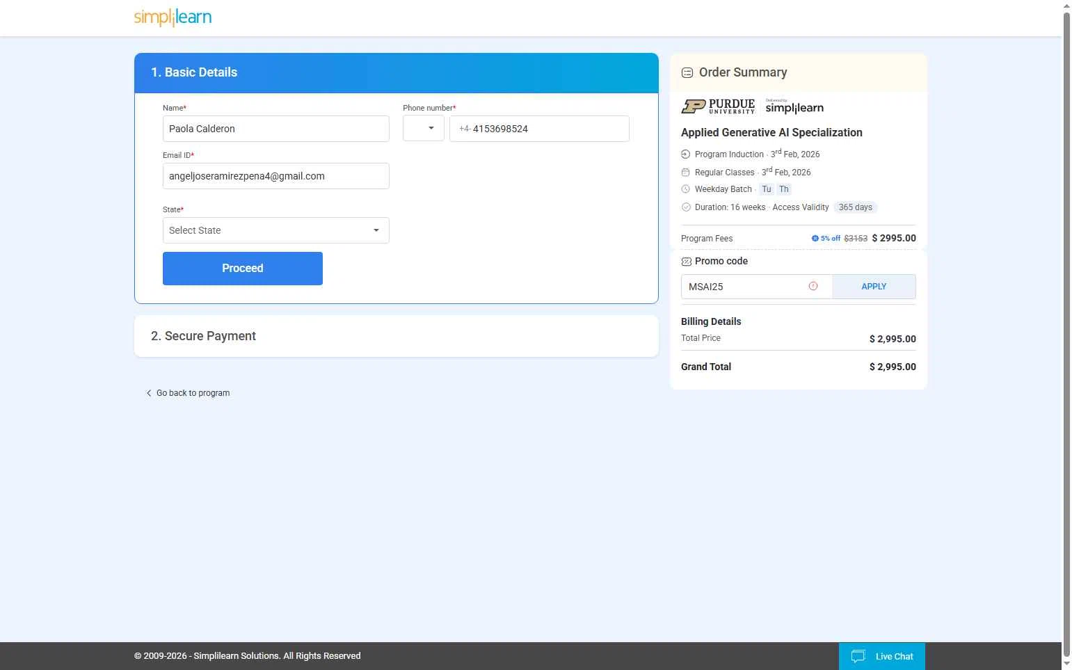 Simplilearn checkout page showing Simplilearn promo code box | Screenshot taken by SimplyCodes community member on Feb 3, 2026