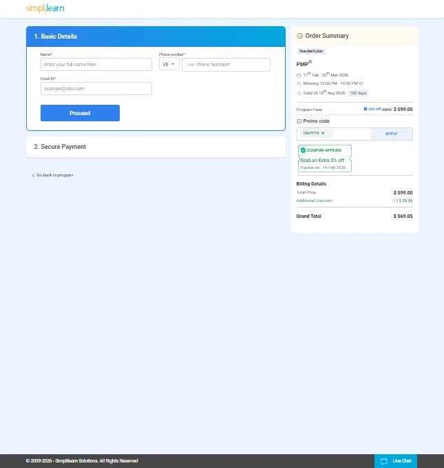 Simplilearn checkout page showing Simplilearn promo code box | Screenshot taken by SimplyCodes community member on Feb 9, 2026