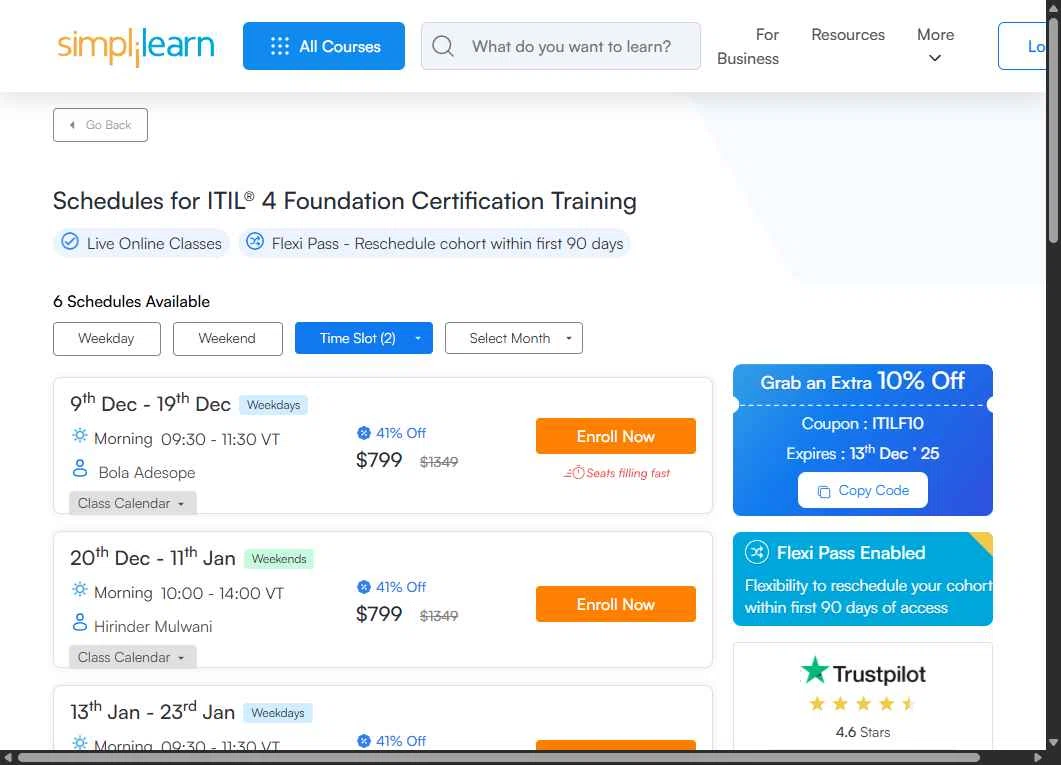 Simplilearn checkout page showing Simplilearn promo code box | Screenshot taken by SimplyCodes community member on Dec 6, 2025