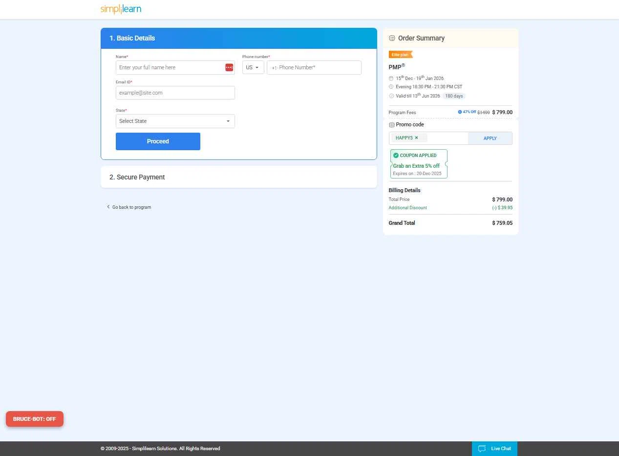 Simplilearn checkout page showing Simplilearn promo code box | Screenshot taken by SimplyCodes community member on Dec 13, 2025