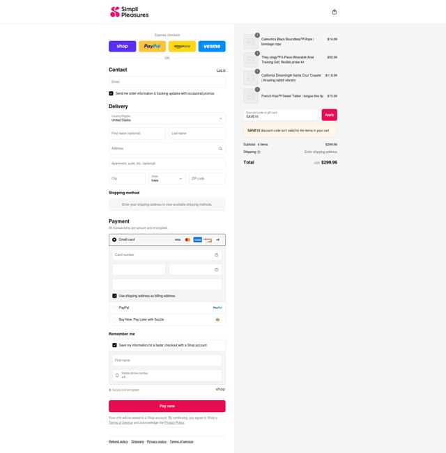 Simpli Pleasures checkout page showing Simpli Pleasures promo code box | Screenshot taken by SimplyCodes community member on Sep 3, 2025
