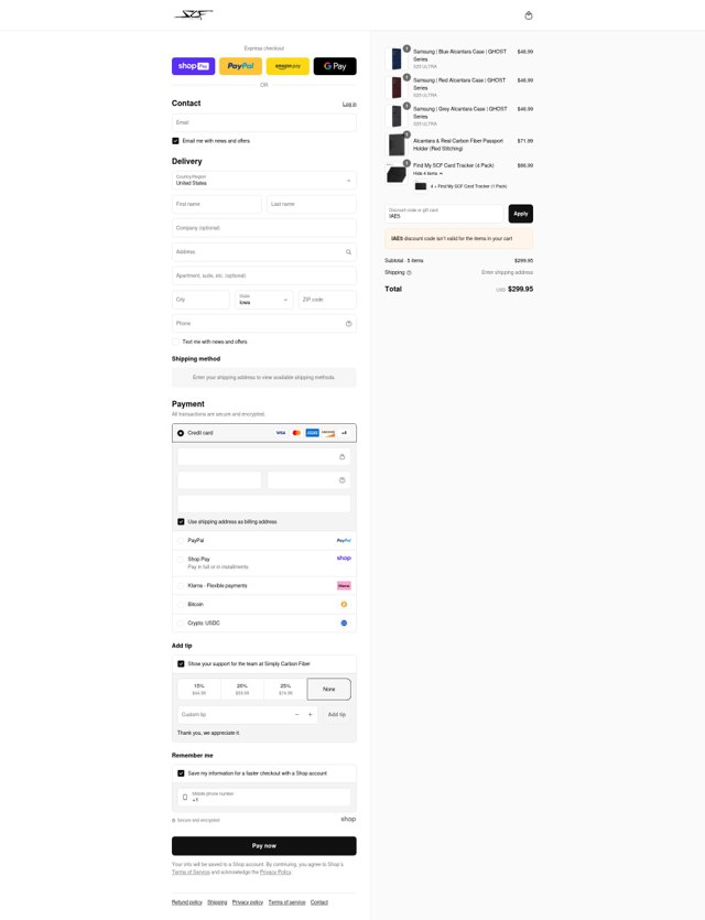 Simply Carbon Fiber checkout page showing Simply Carbon Fiber discount code box | Screenshot taken by SimplyCodes community member on Aug 27, 2025