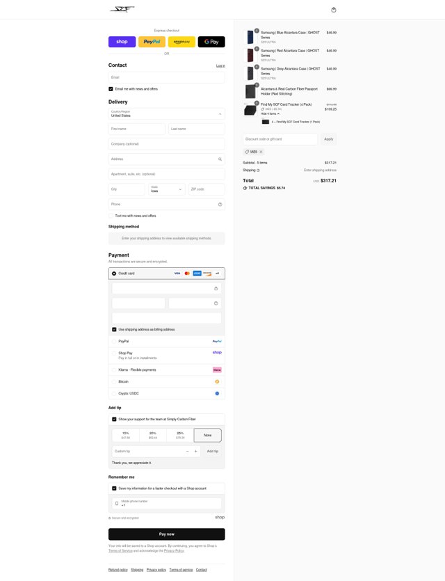 Simply Carbon Fiber checkout page showing Simply Carbon Fiber discount code box | Screenshot taken by SimplyCodes community member on Sep 4, 2025