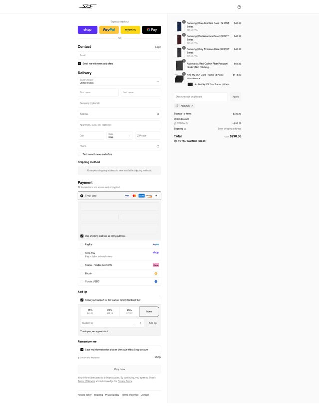 Simply Carbon Fiber checkout page showing Simply Carbon Fiber discount code box | Screenshot taken by SimplyCodes community member on Sep 4, 2025