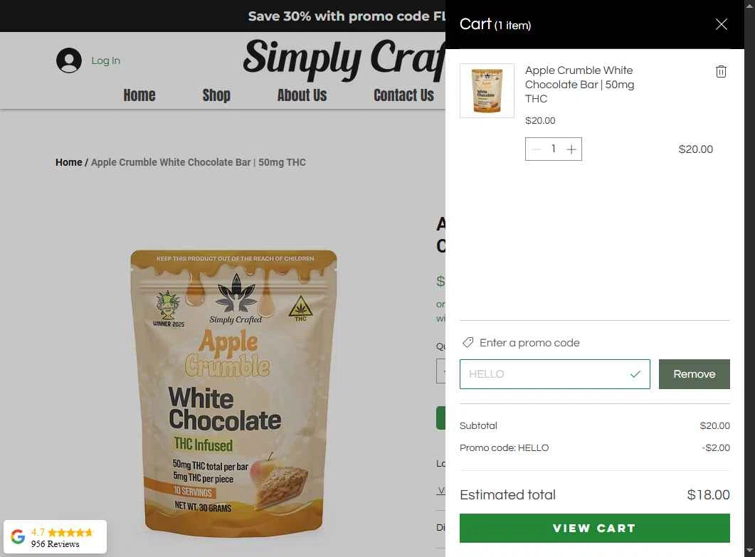 Simply Crafted CBD checkout page showing Simply Crafted CBD promo code box | Screenshot taken by SimplyCodes community member on Feb 10, 2026