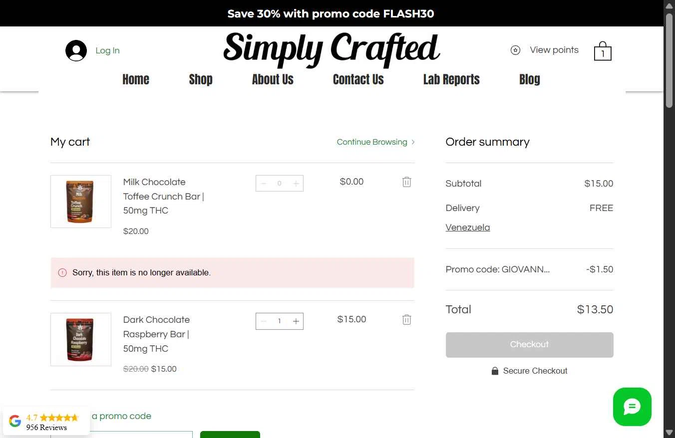 Simply Crafted CBD checkout page showing Simply Crafted CBD promo code box | Screenshot taken by SimplyCodes community member on Feb 11, 2026