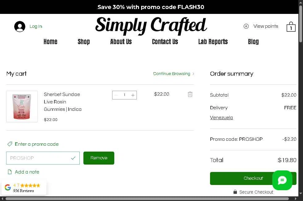Simply Crafted CBD checkout page showing Simply Crafted CBD promo code box | Screenshot taken by SimplyCodes community member on Feb 10, 2026
