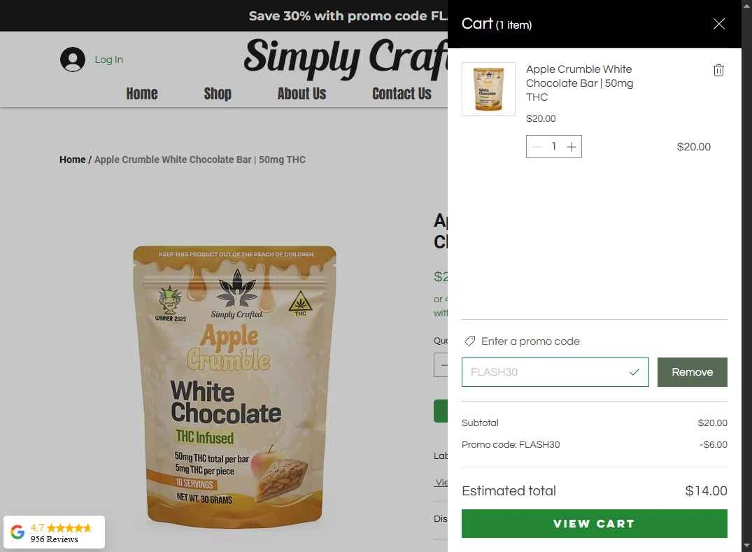 Simply Crafted CBD checkout page showing Simply Crafted CBD promo code box | Screenshot taken by SimplyCodes community member on Feb 12, 2026