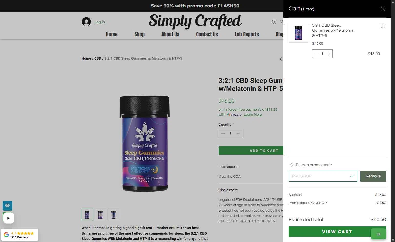 Simply Crafted CBD checkout page showing Simply Crafted CBD promo code box | Screenshot taken by SimplyCodes community member on Feb 10, 2026