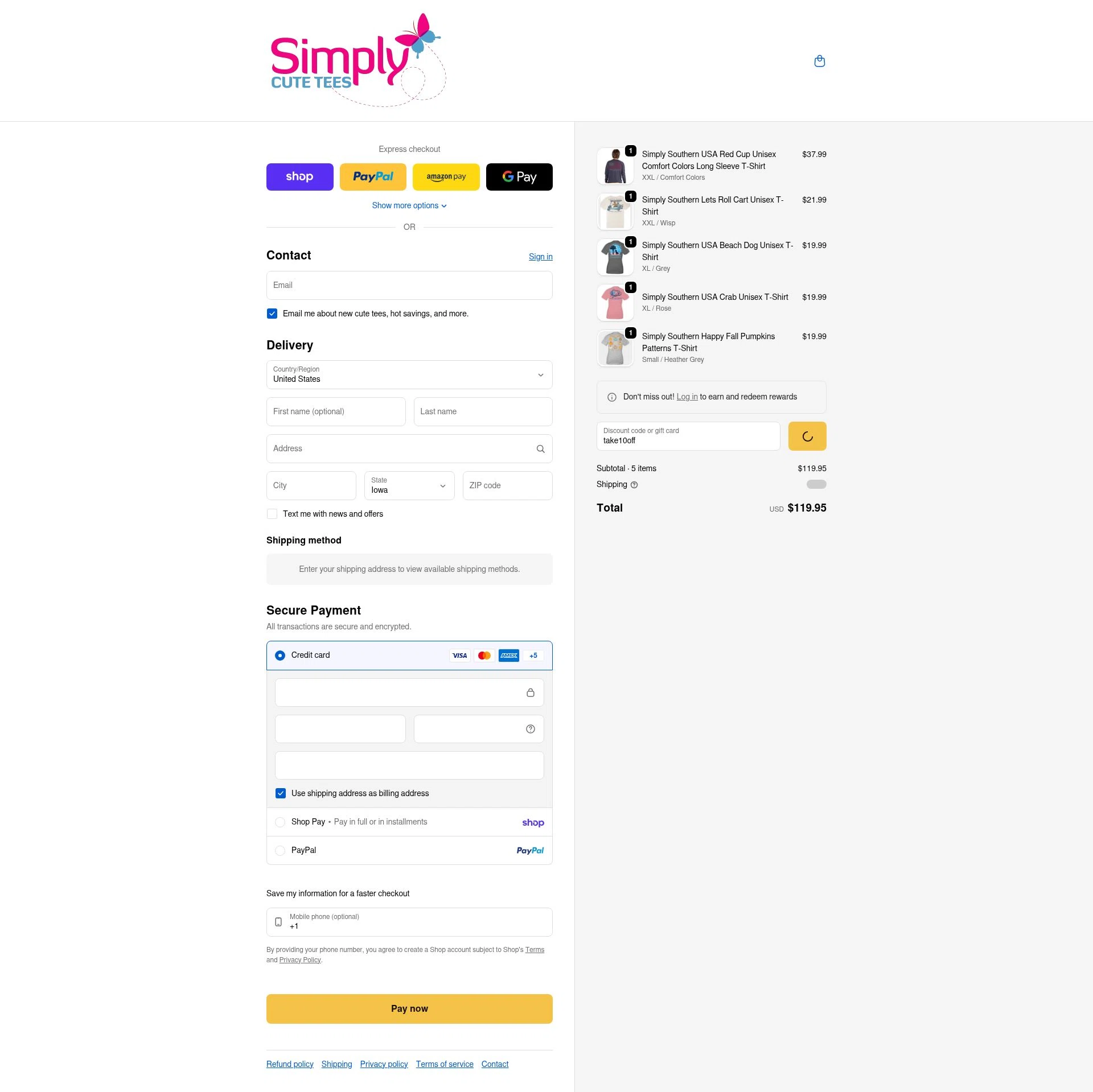 SimplyCuteTees checkout page showing SimplyCuteTees promo code box | Screenshot taken by SimplyCodes community member on Feb 13, 2026
