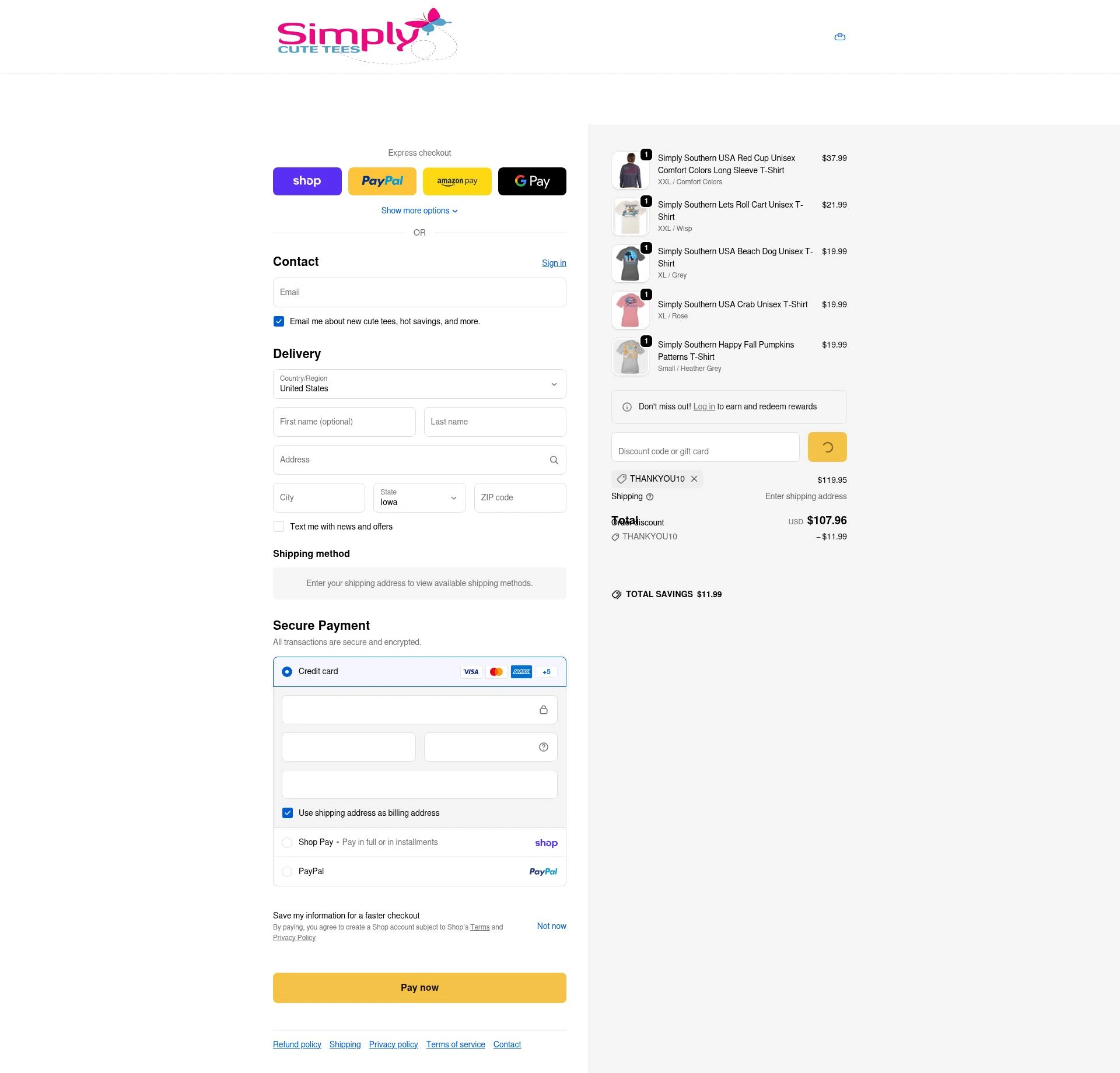 SimplyCuteTees checkout page showing SimplyCuteTees promo code box | Screenshot taken by SimplyCodes community member on Feb 18, 2026