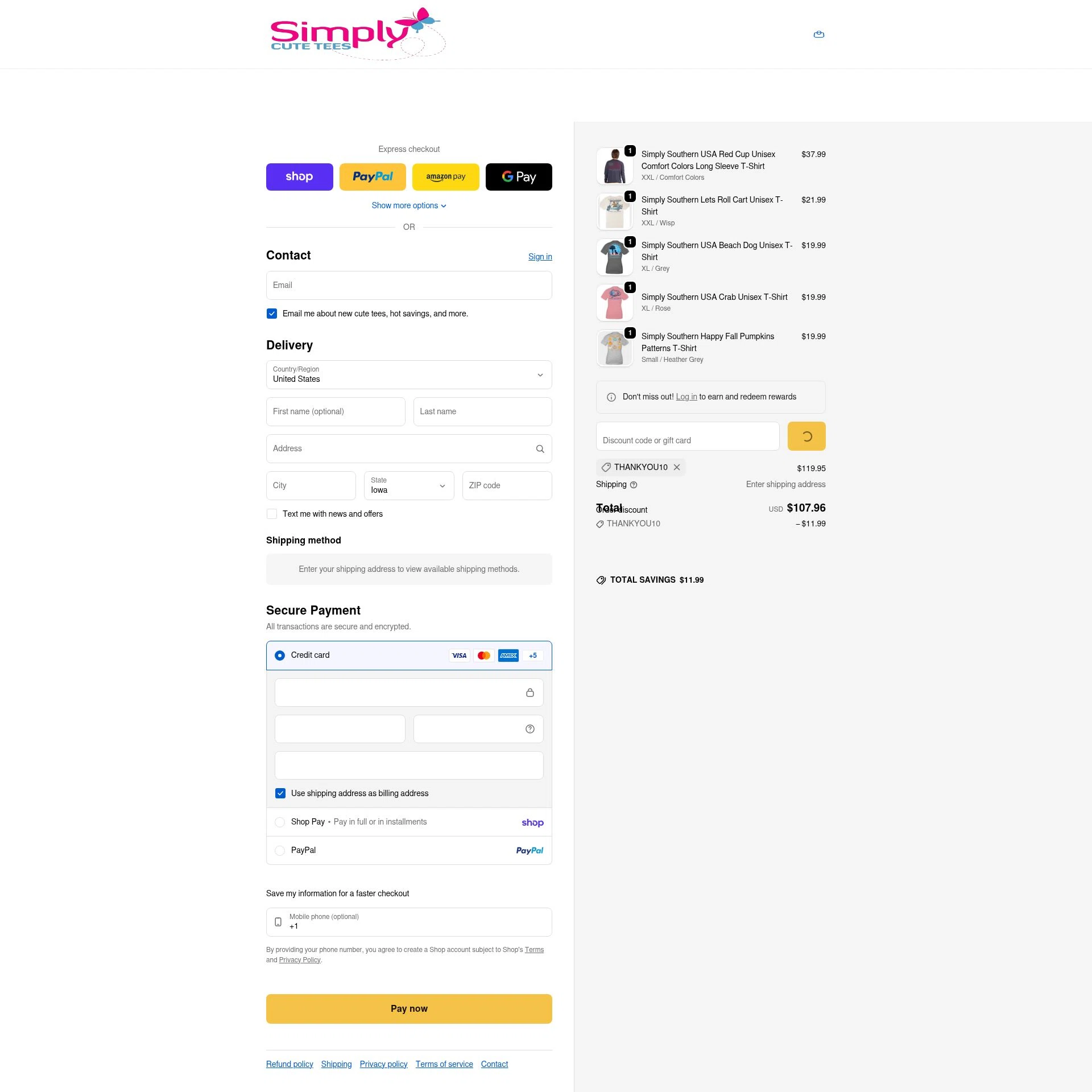 SimplyCuteTees checkout page showing SimplyCuteTees promo code box | Screenshot taken by SimplyCodes community member on Feb 9, 2026
