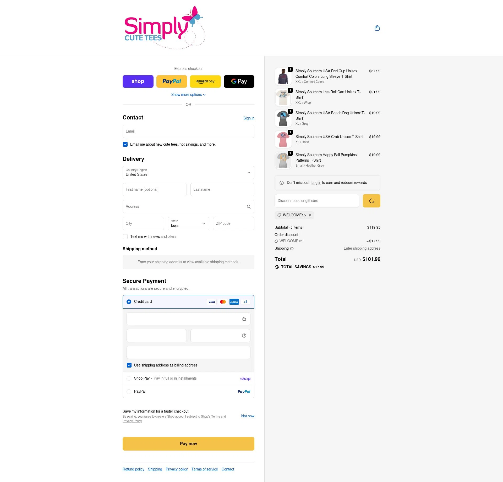 SimplyCuteTees checkout page showing SimplyCuteTees promo code box | Screenshot taken by SimplyCodes community member on Feb 18, 2026