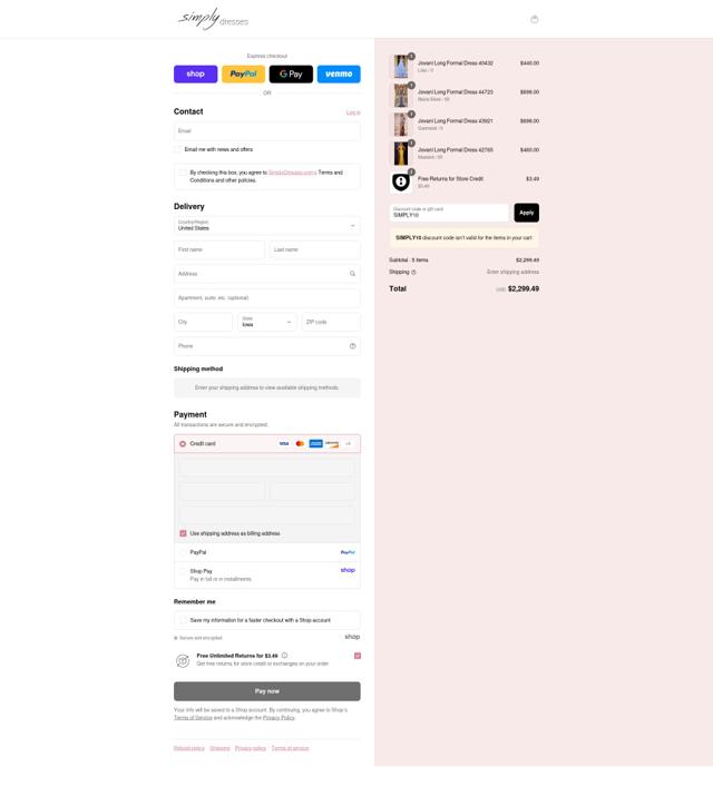 Simply Dresses checkout page showing Simply Dresses promo code box | Screenshot taken by SimplyCodes community member on Sep 3, 2025