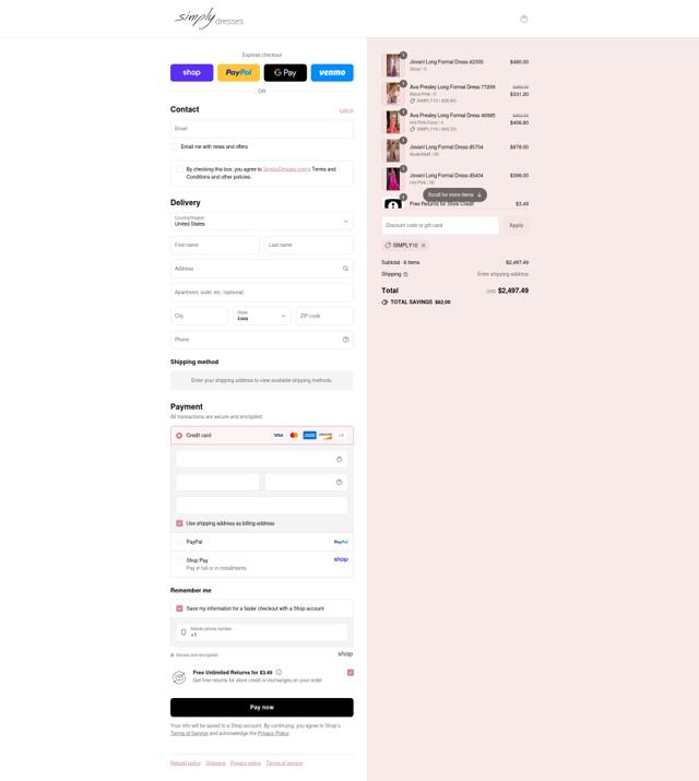 Simply Dresses checkout page showing Simply Dresses promo code box | Screenshot taken by SimplyCodes community member on Sep 8, 2025