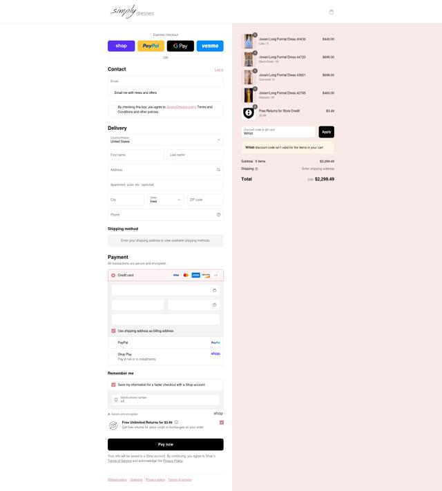 Simply Dresses checkout page showing Simply Dresses promo code box | Screenshot taken by SimplyCodes community member on Aug 30, 2025