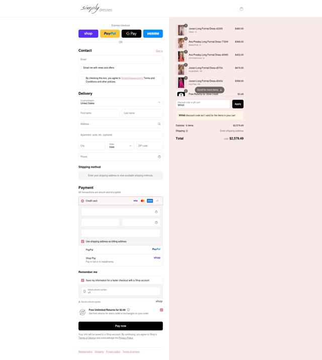Simply Dresses checkout page showing Simply Dresses promo code box | Screenshot taken by SimplyCodes community member on Sep 11, 2025