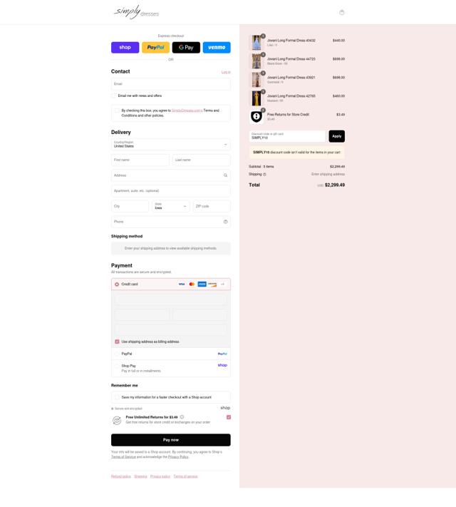 Simply Dresses checkout page showing Simply Dresses promo code box | Screenshot taken by SimplyCodes community member on Aug 30, 2025