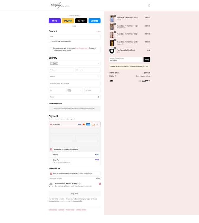 Simply Dresses checkout page showing Simply Dresses promo code box | Screenshot taken by SimplyCodes community member on Sep 3, 2025