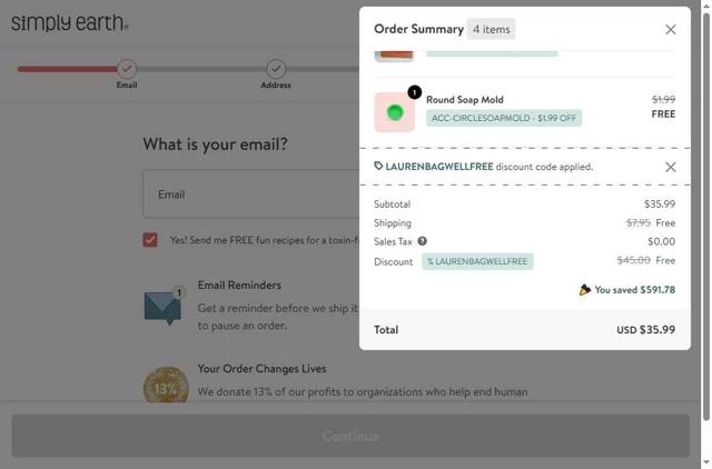 Simply Earth checkout page showing Simply Earth discount code box | Screenshot taken by SimplyCodes community member on Aug 16, 2025