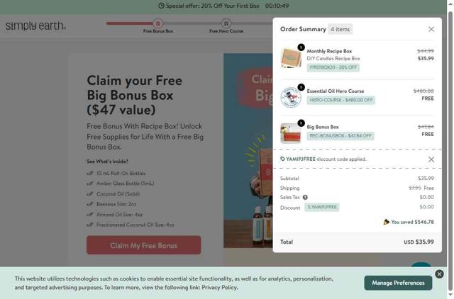Simply Earth checkout page showing Simply Earth discount code box | Screenshot taken by SimplyCodes community member on Aug 16, 2025