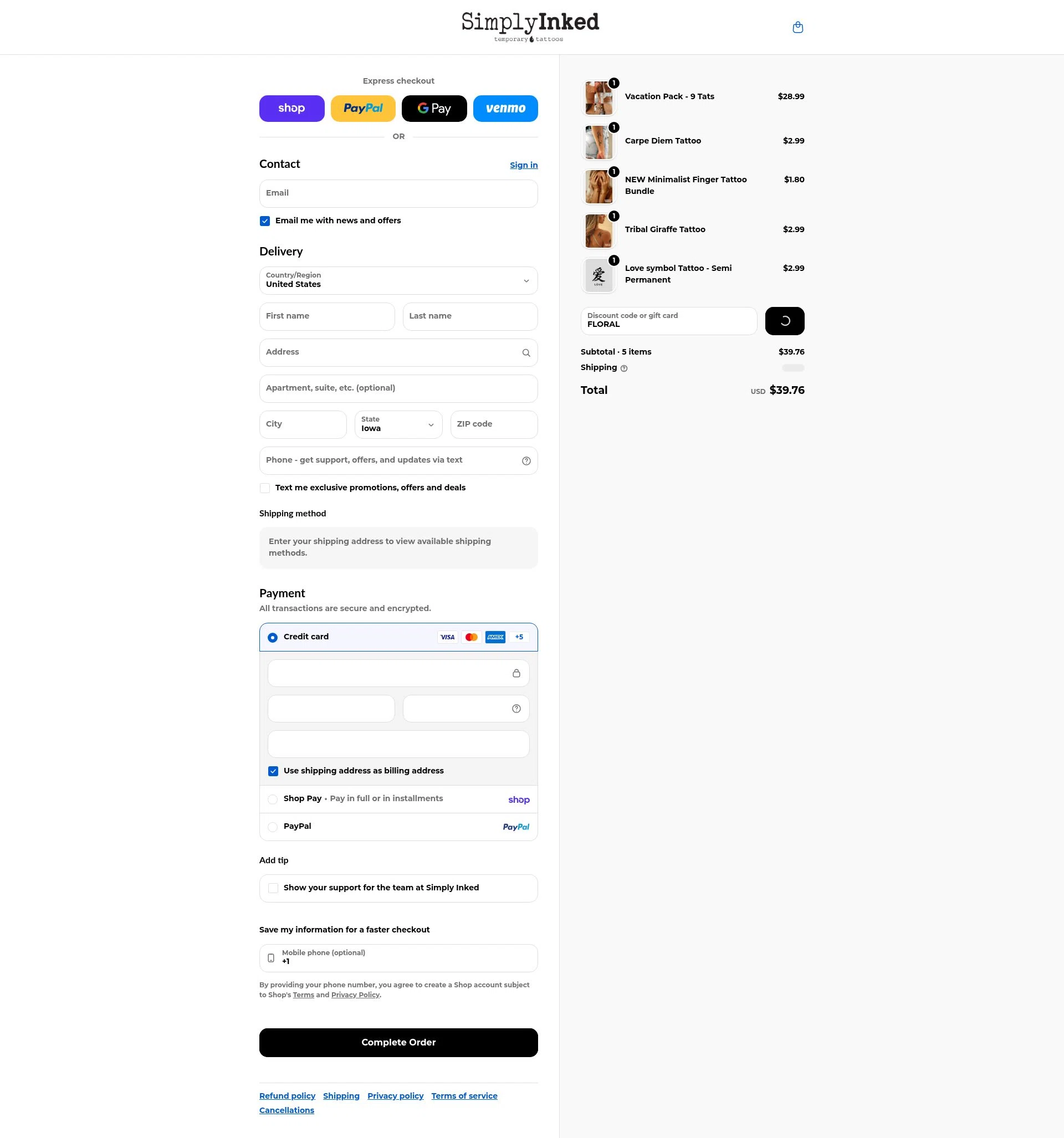 Simply Inked checkout page showing Simply Inked promo code box | Screenshot taken by SimplyCodes community member on Feb 17, 2026