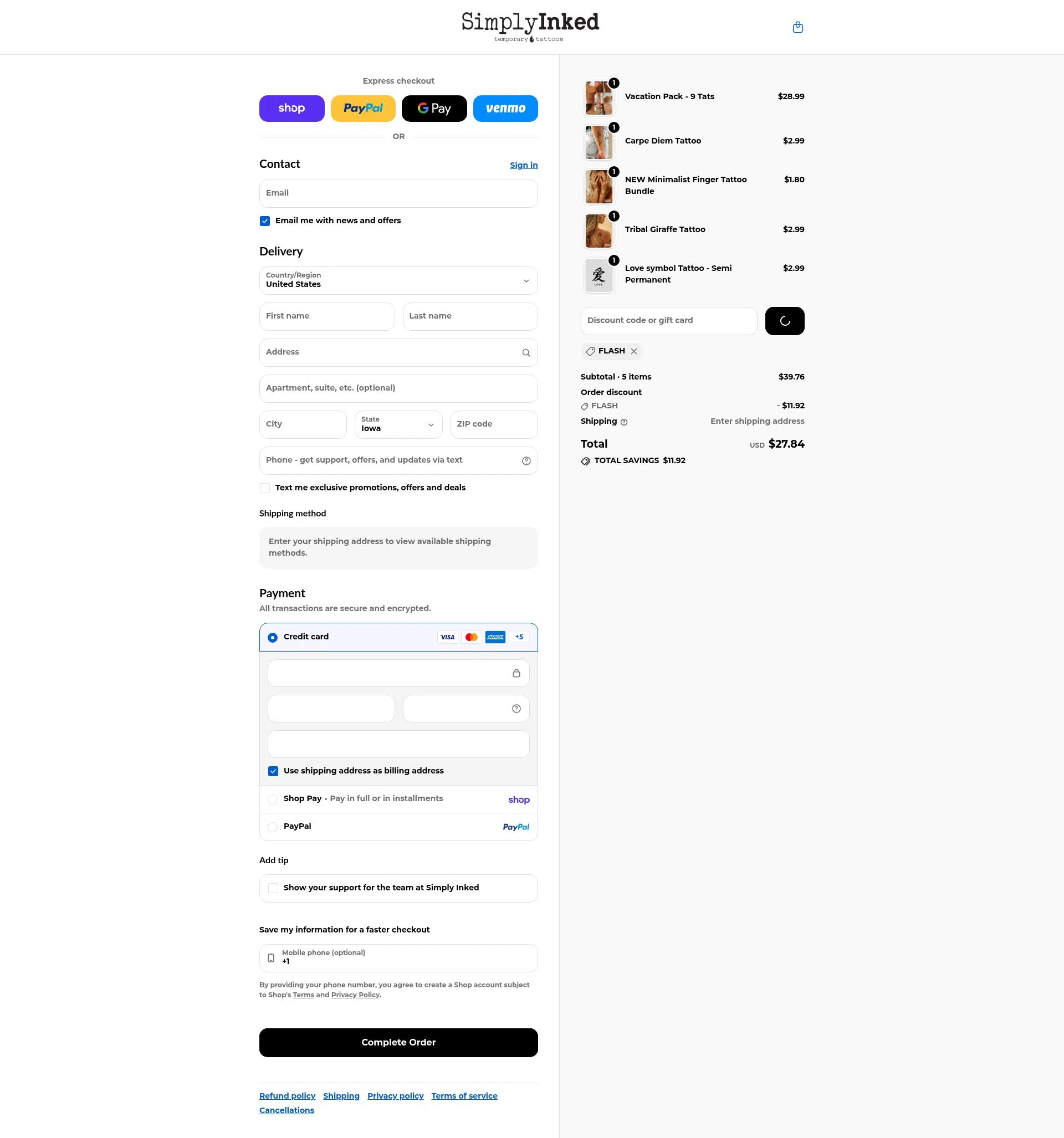 Simply Inked checkout page showing Simply Inked promo code box | Screenshot taken by SimplyCodes community member on Feb 17, 2026