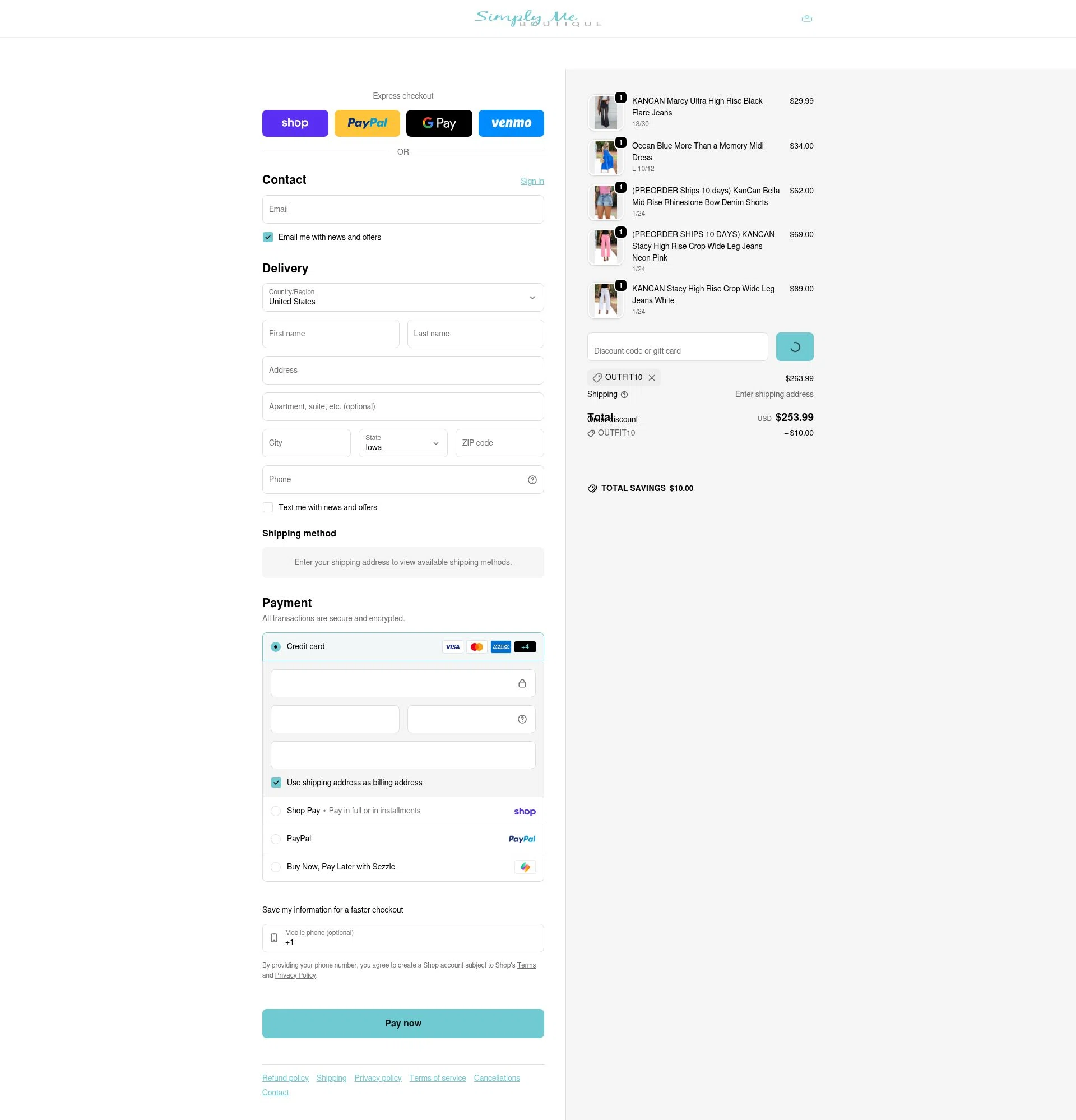 Simply Me Boutique checkout page showing Simply Me Boutique promo code box | Screenshot taken by SimplyCodes community member on Feb 5, 2026