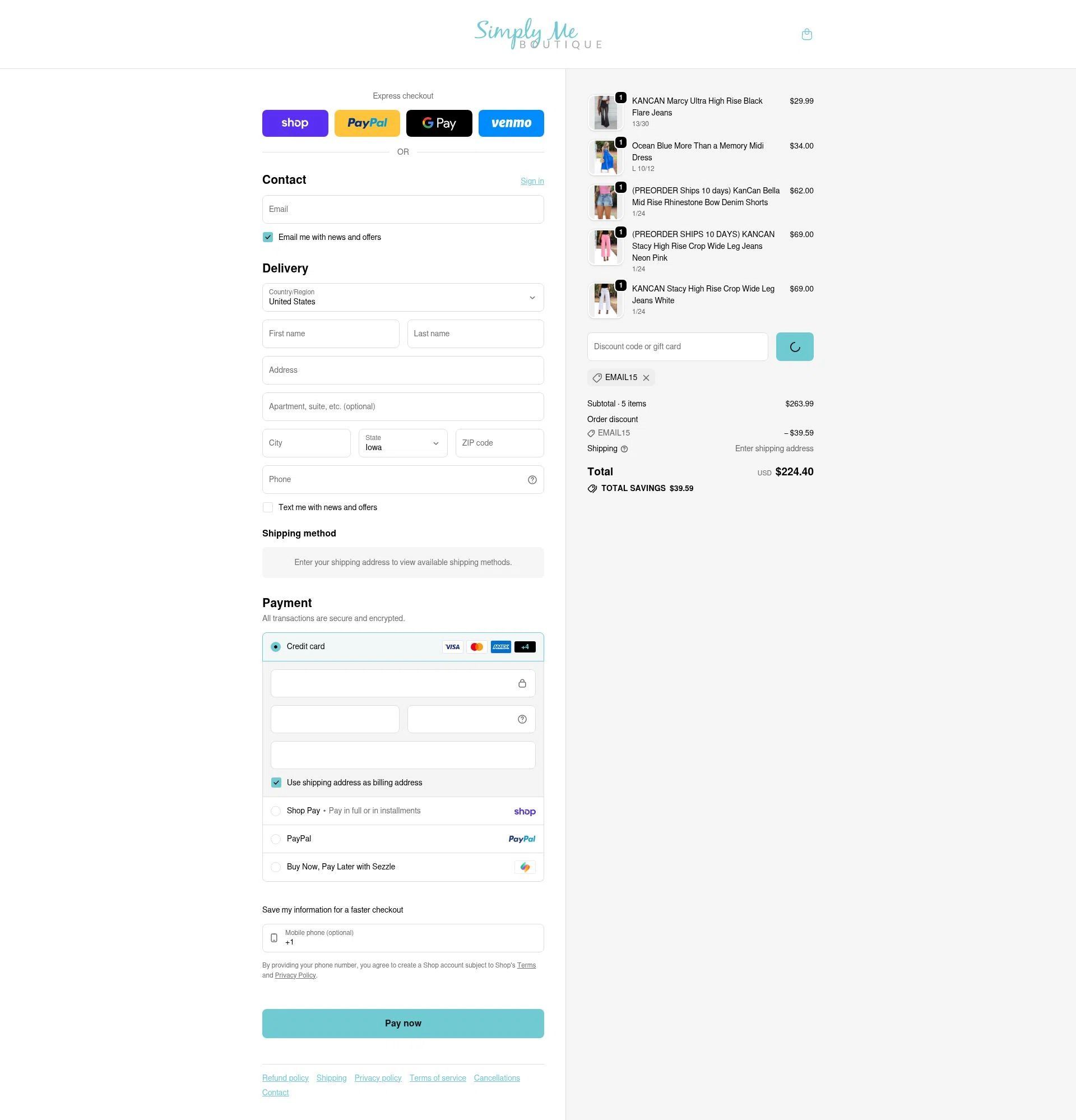 Simply Me Boutique checkout page showing Simply Me Boutique promo code box | Screenshot taken by SimplyCodes community member on Feb 5, 2026