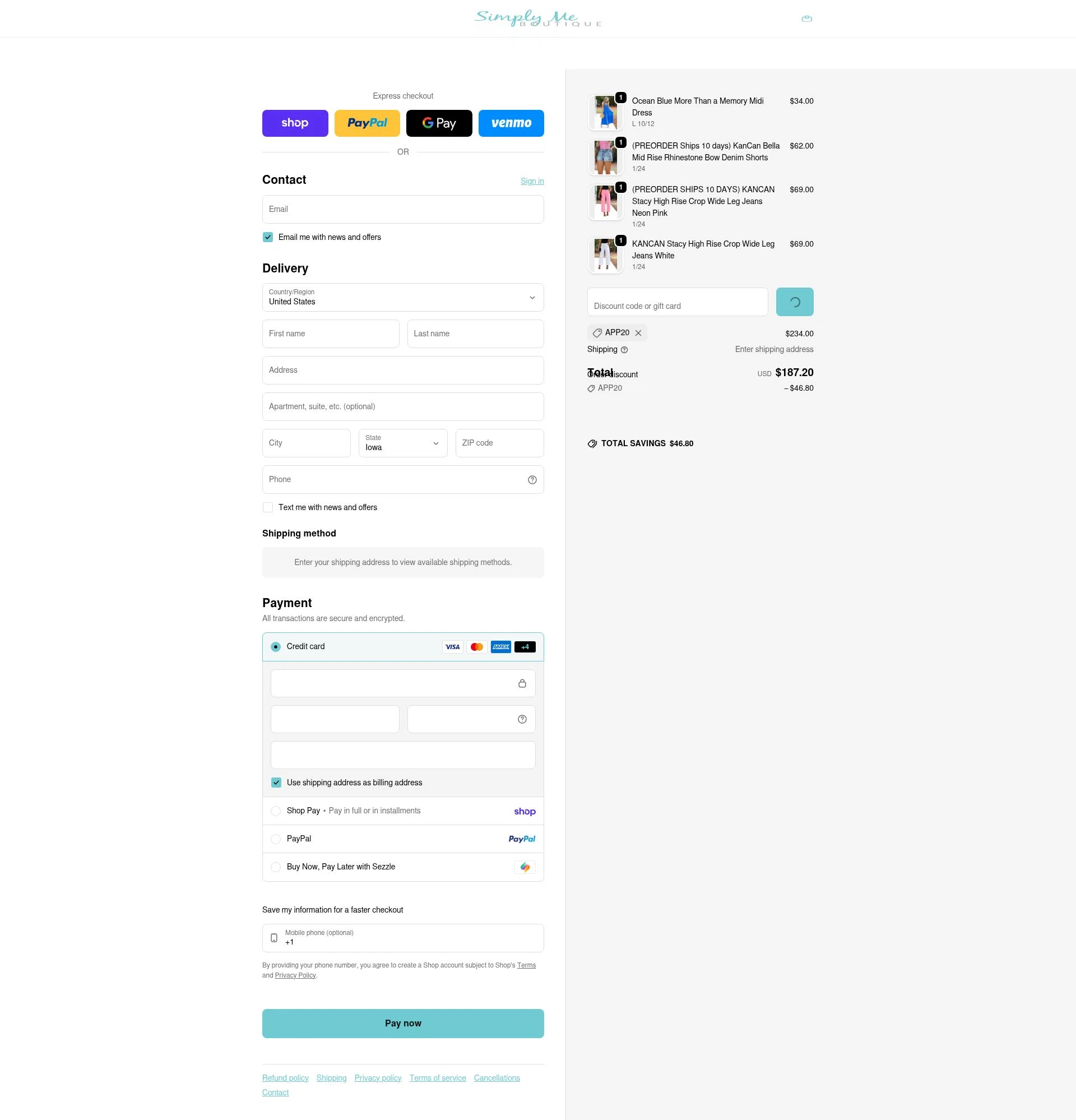 Simply Me Boutique checkout page showing Simply Me Boutique promo code box | Screenshot taken by SimplyCodes community member on Feb 10, 2026