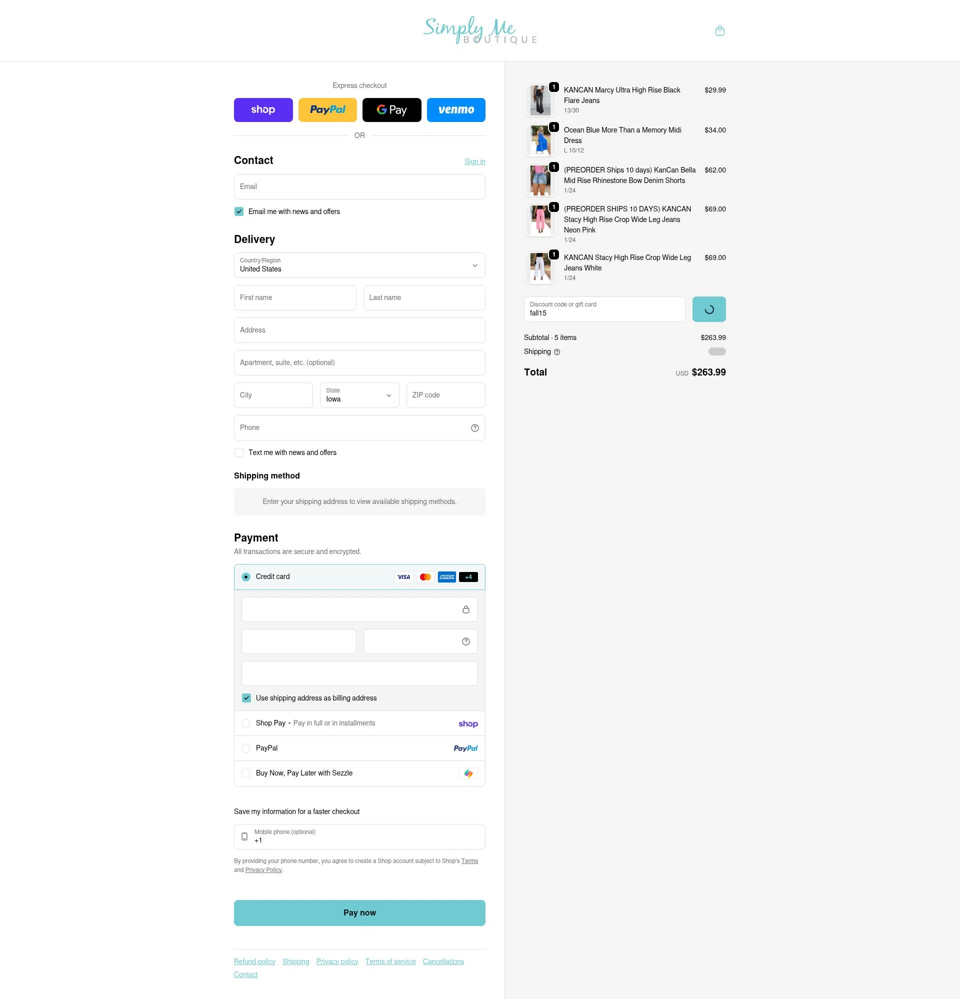 Simply Me Boutique checkout page showing Simply Me Boutique promo code box | Screenshot taken by SimplyCodes community member on Feb 5, 2026