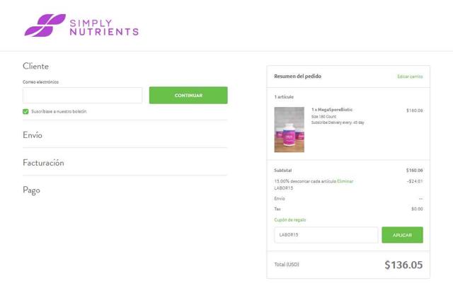 Simply Nutrients checkout page showing Simply Nutrients coupon code box | Screenshot taken by SimplyCodes community member on Aug 30, 2025
