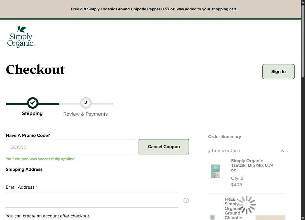 Simply Organic checkout page showing Simply Organic discount code box | Screenshot taken by SimplyCodes community member on Dec 29, 2025
