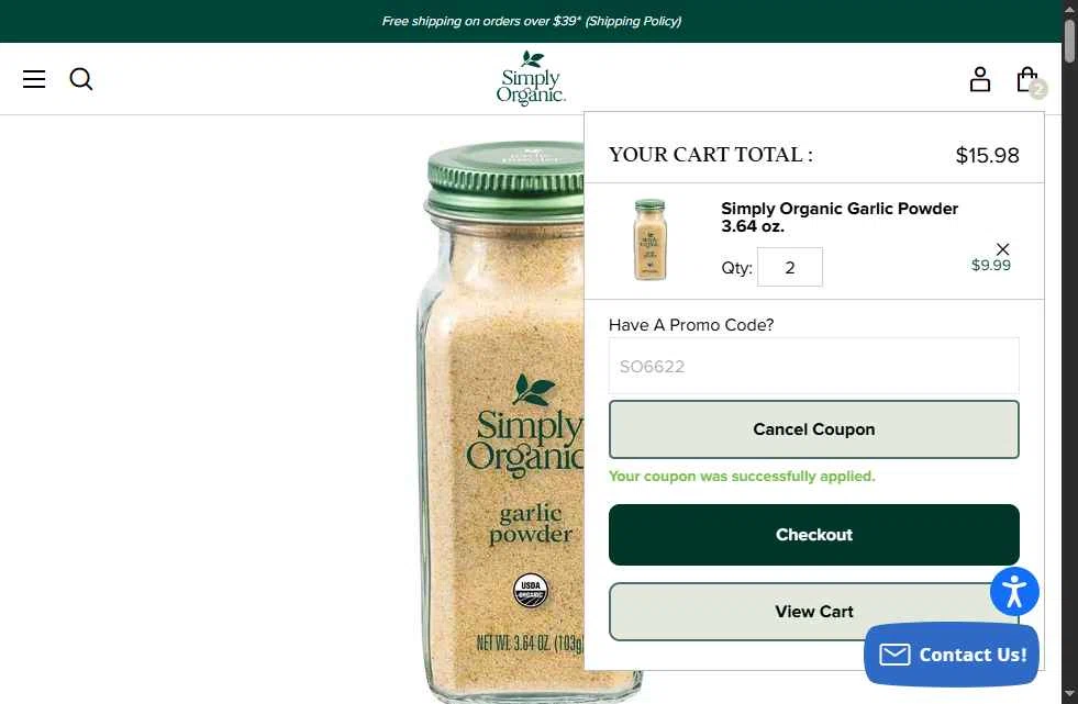 Simply Organic checkout page showing Simply Organic discount code box | Screenshot taken by SimplyCodes community member on Jan 7, 2026