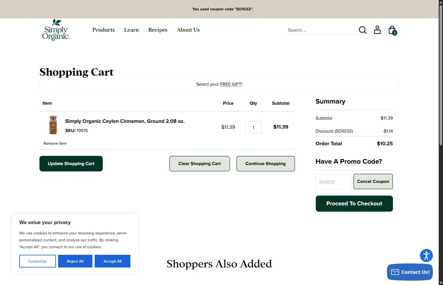 Simply Organic checkout page showing Simply Organic discount code box | Screenshot taken by SimplyCodes community member on Feb 5, 2026