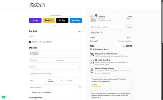 Simply Organic Bamboo checkout page showing Simply Organic Bamboo coupon code box | Screenshot taken by SimplyCodes community member on Sep 4, 2025