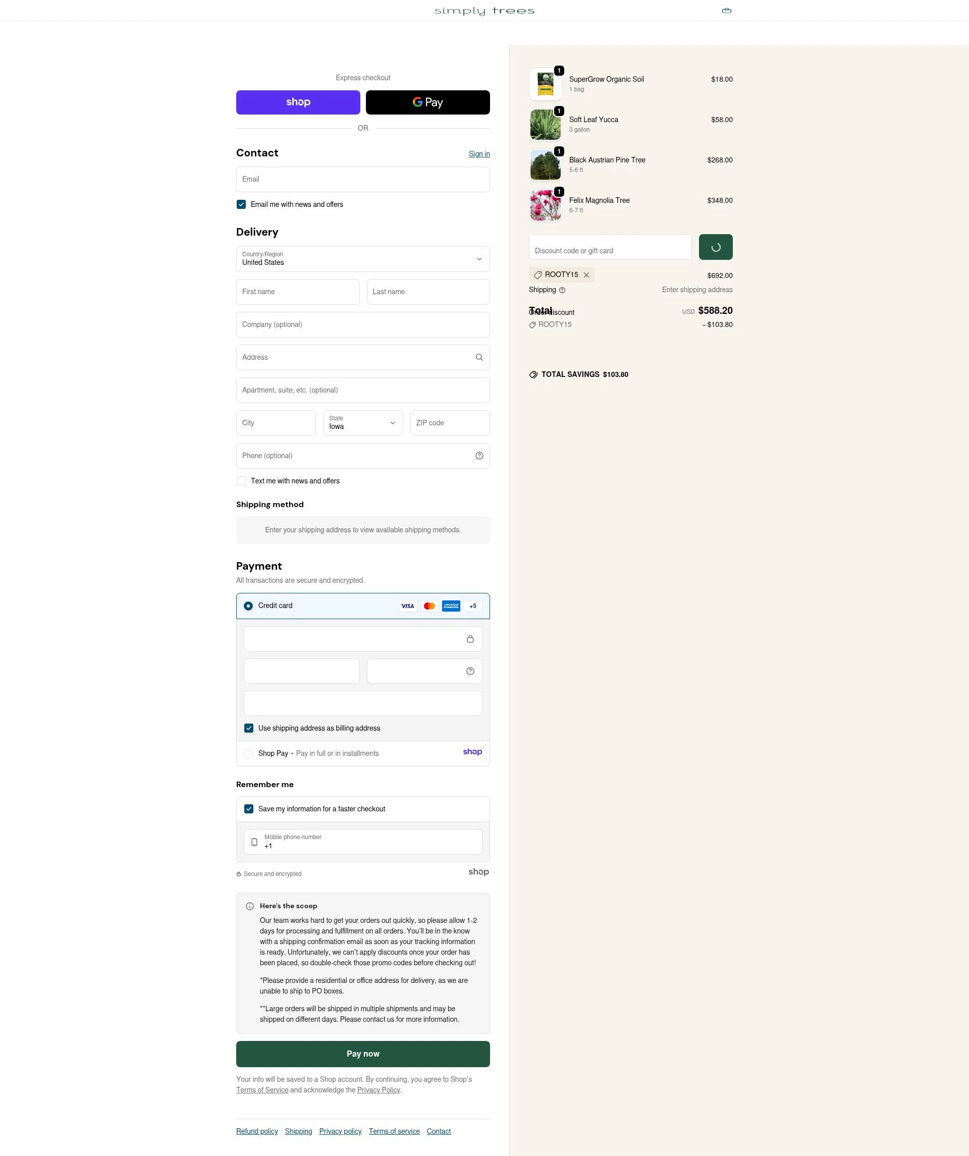 Simply Trees checkout page showing Simply Trees discount code box | Screenshot taken by SimplyCodes community member on Jan 3, 2026