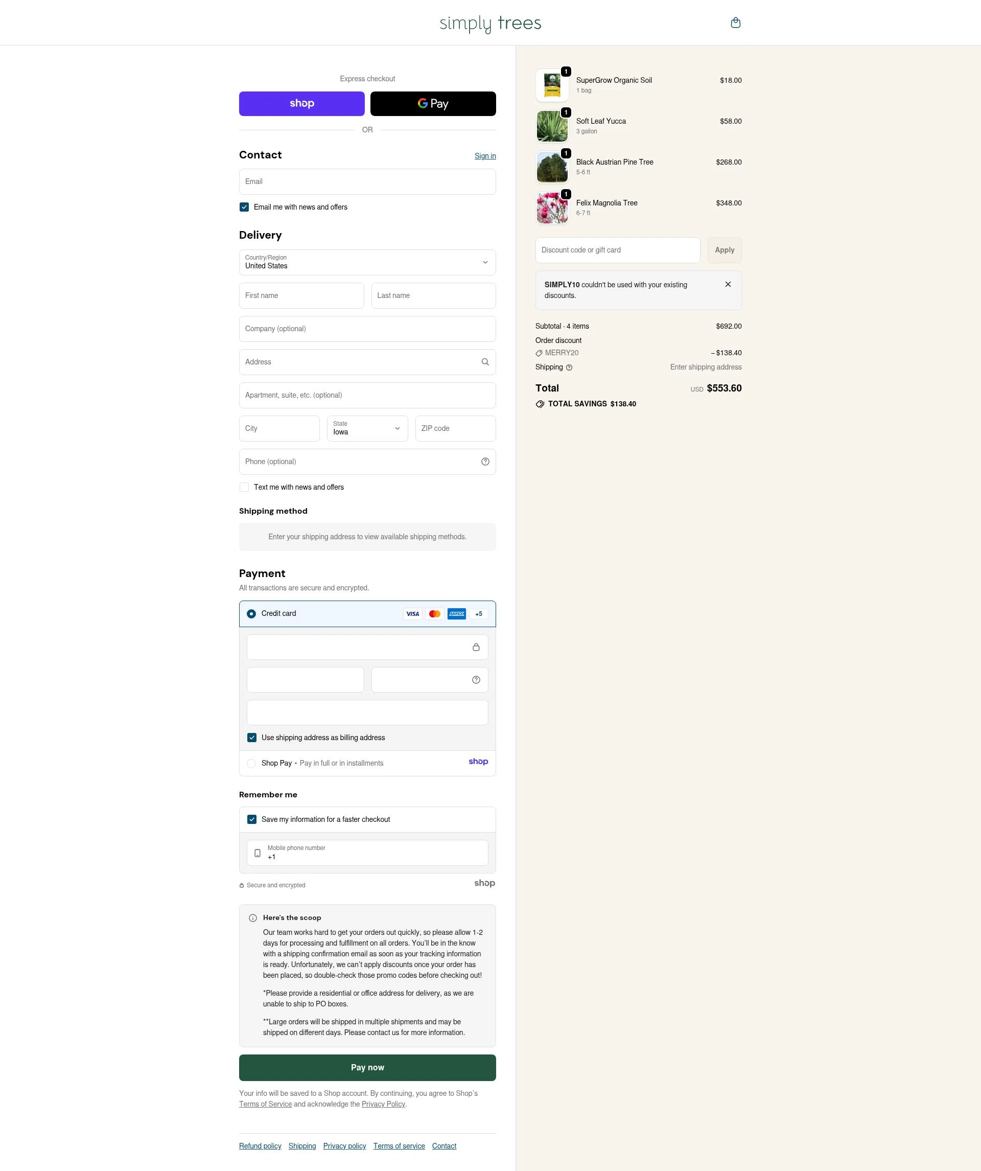 Simply Trees checkout page showing Simply Trees discount code box | Screenshot taken by SimplyCodes community member on Dec 29, 2025