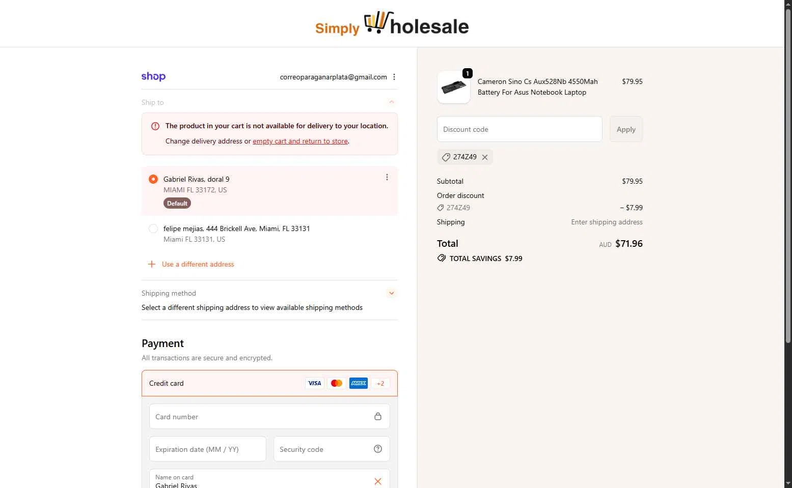 Simply Wholesale checkout page showing Simply Wholesale promo code box | Screenshot taken by SimplyCodes community member on Feb 5, 2026