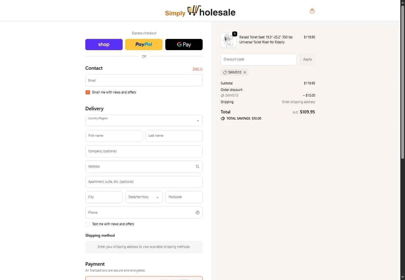Simply Wholesale checkout page showing Simply Wholesale promo code box | Screenshot taken by SimplyCodes community member on Oct 31, 2025