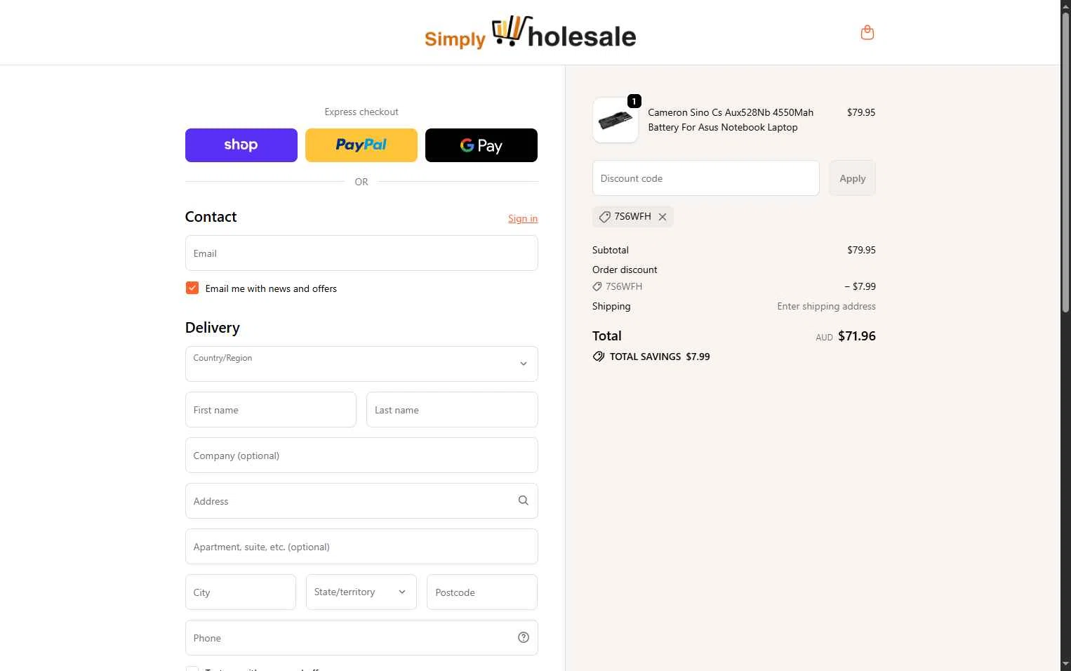 Simply Wholesale checkout page showing Simply Wholesale promo code box | Screenshot taken by SimplyCodes community member on Jan 15, 2026