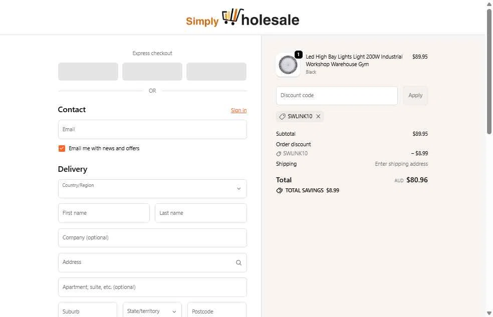 Simply Wholesale checkout page showing Simply Wholesale promo code box | Screenshot taken by SimplyCodes community member on Feb 21, 2026