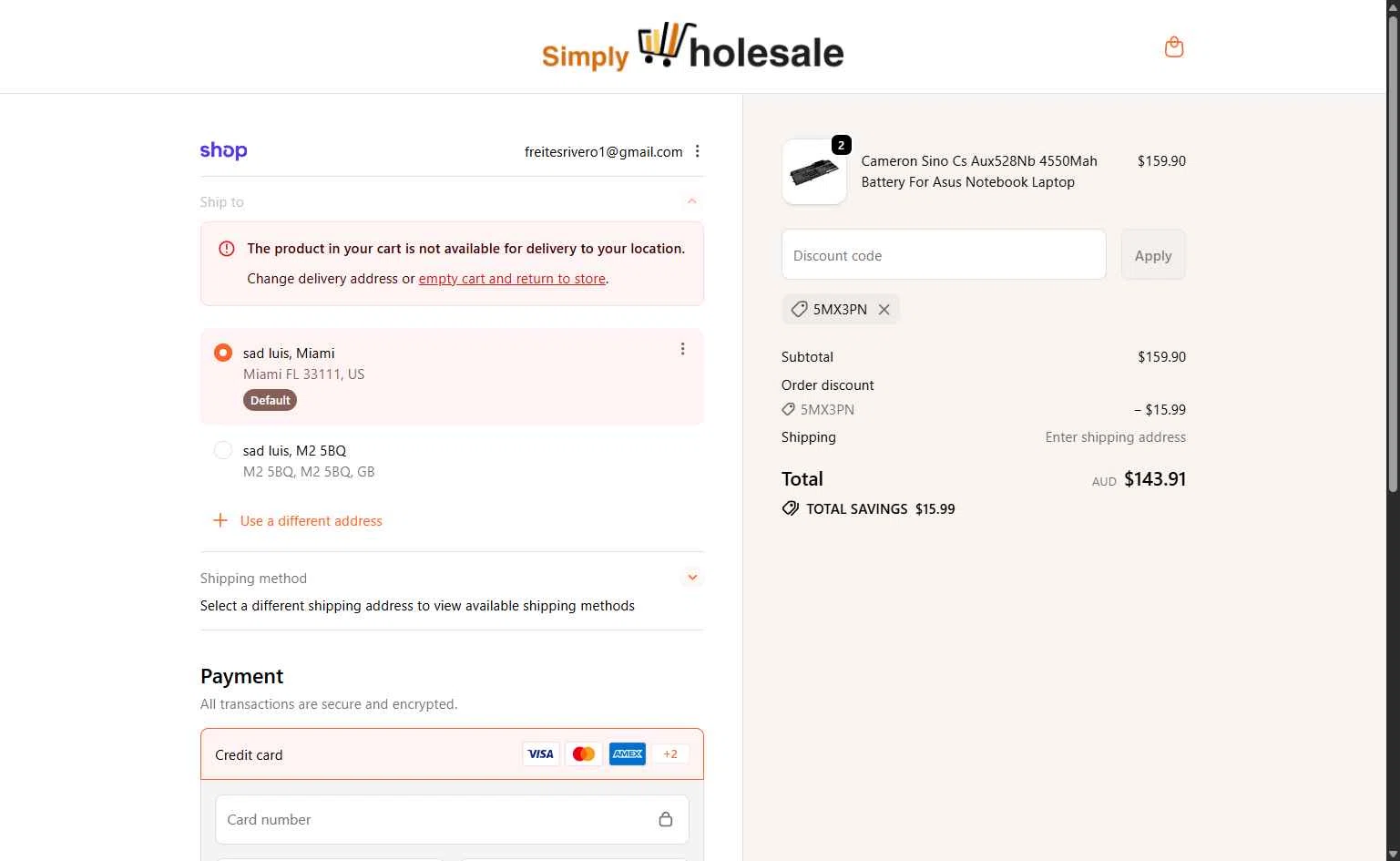 Simply Wholesale checkout page showing Simply Wholesale promo code box | Screenshot taken by SimplyCodes community member on Feb 5, 2026