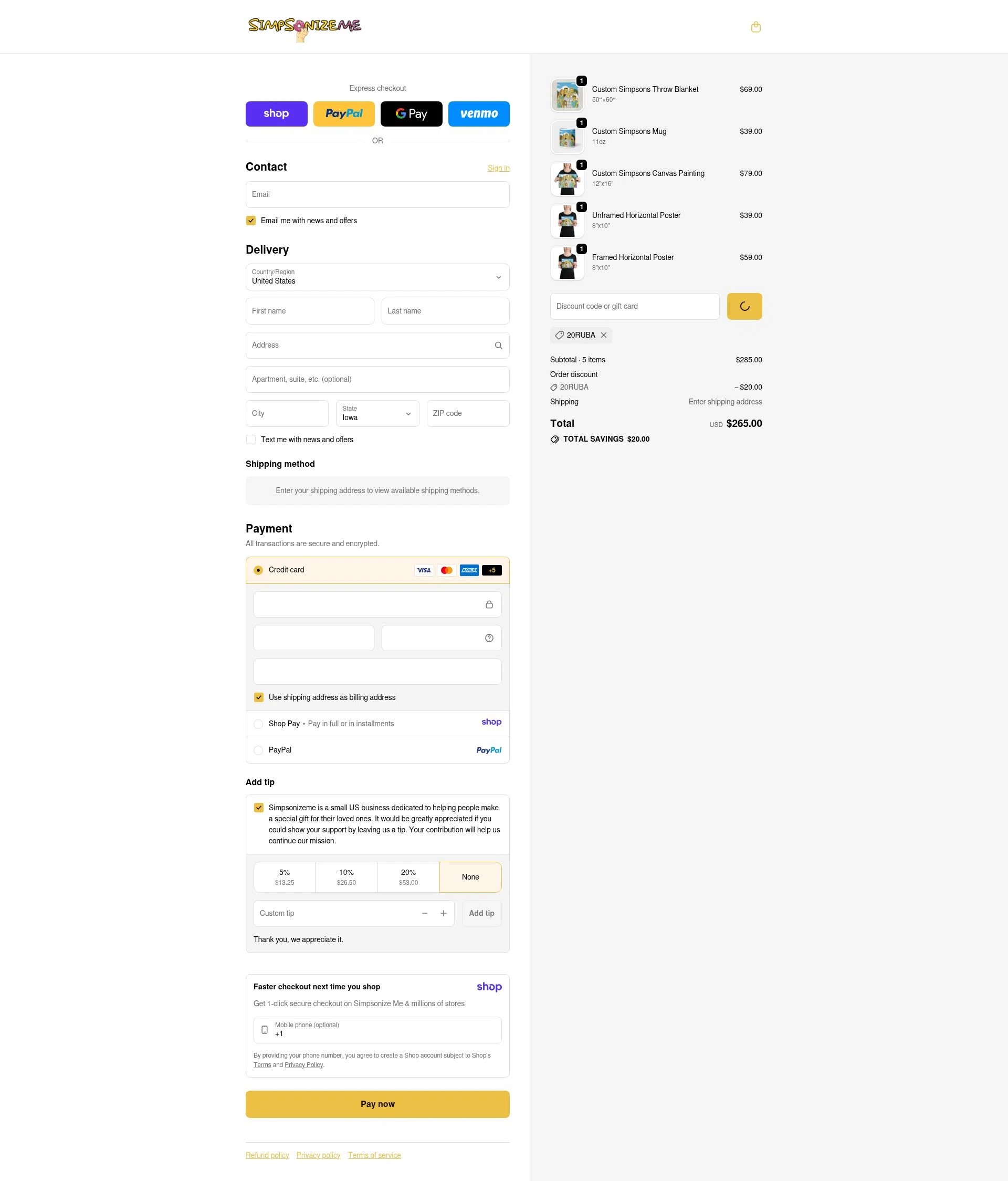 Simpsonize Me checkout page showing Simpsonize Me discount code box | Screenshot taken by SimplyCodes community member on Jan 9, 2026