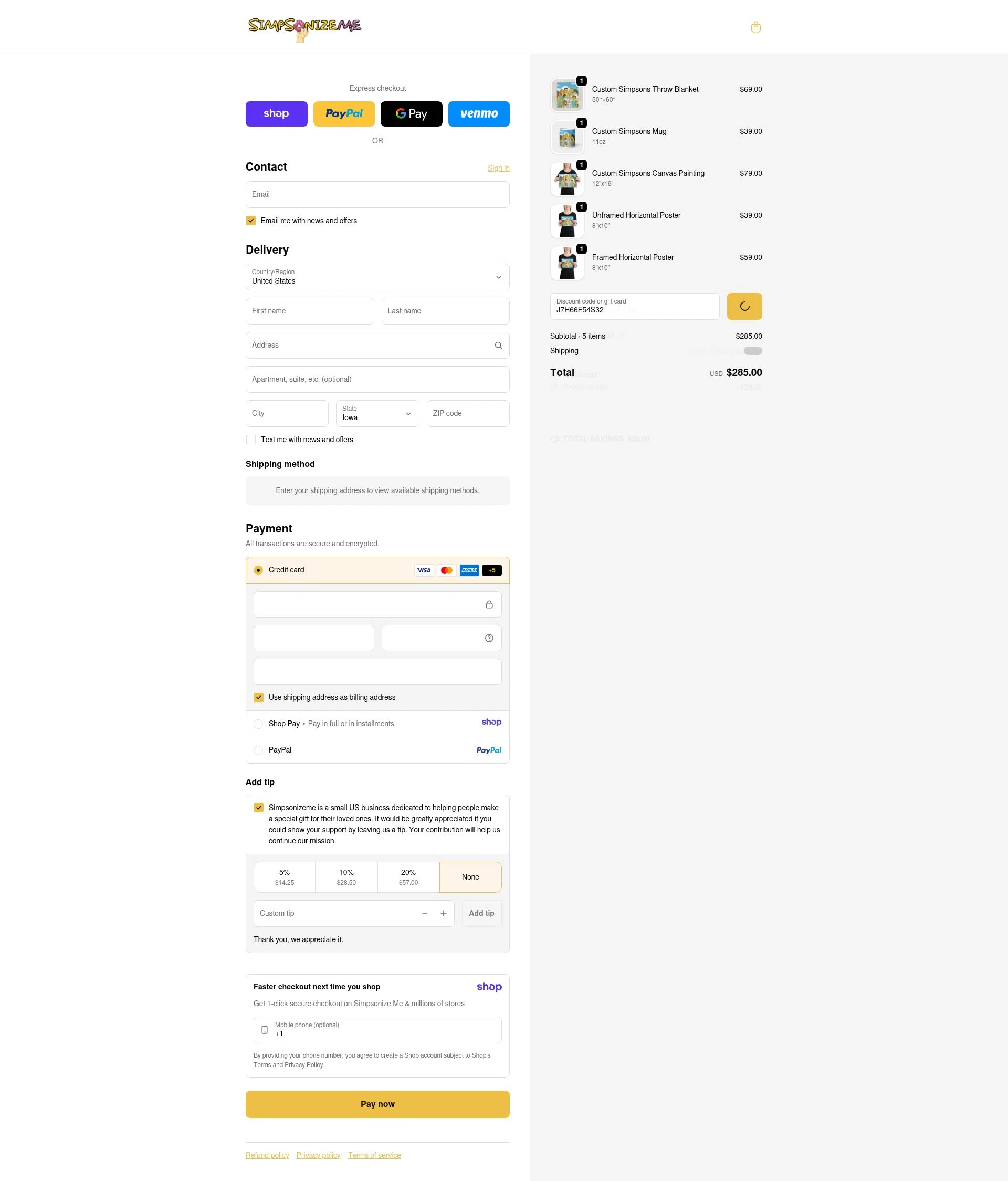 Simpsonize Me checkout page showing Simpsonize Me discount code box | Screenshot taken by SimplyCodes community member on Jan 9, 2026