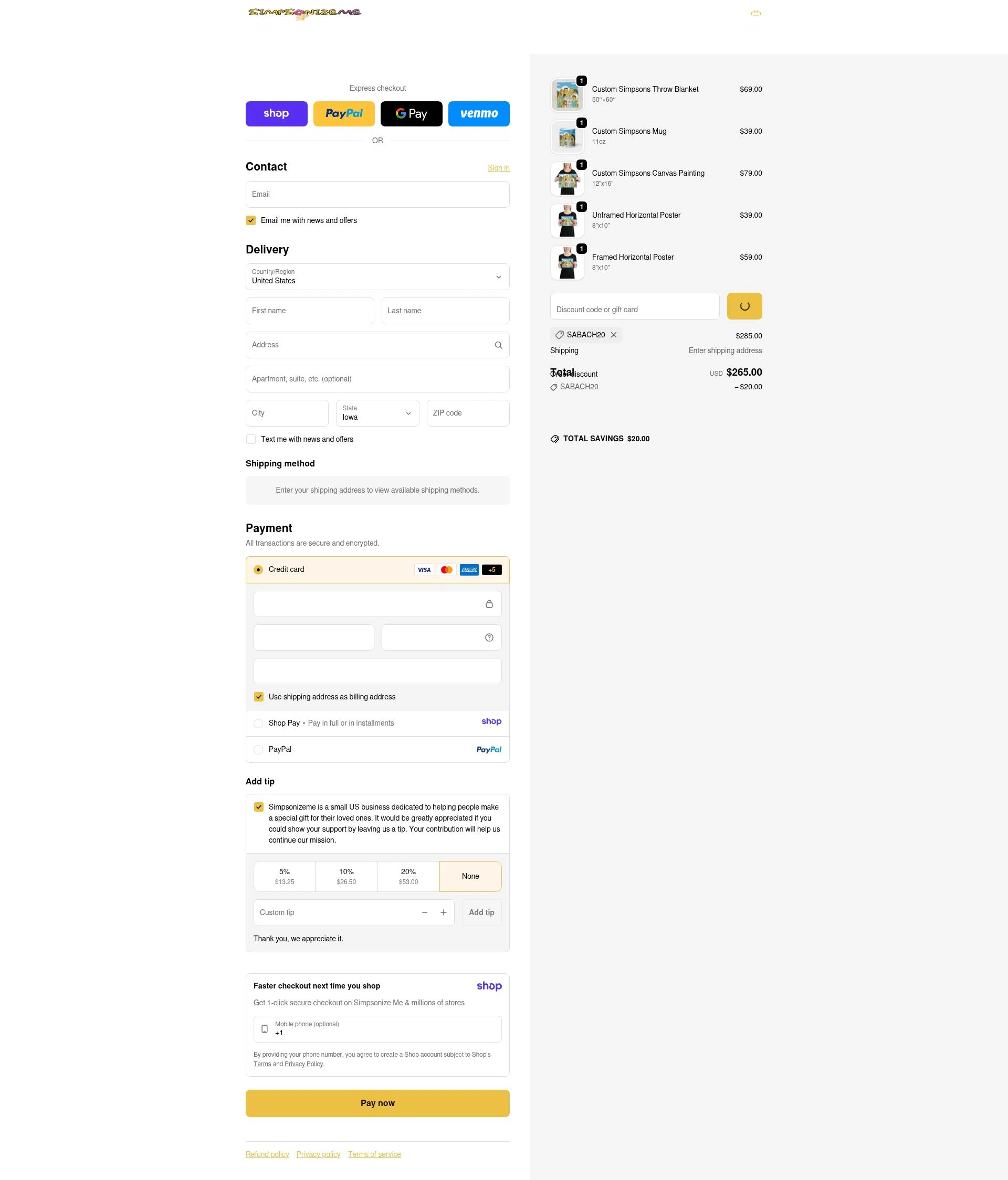 Simpsonize Me checkout page showing Simpsonize Me discount code box | Screenshot taken by SimplyCodes community member on Jan 9, 2026