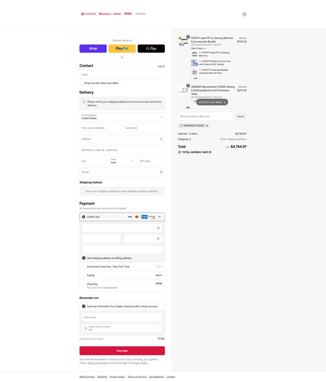 Singer Sewing Machine checkout page showing Singer Sewing Machine promo code box | Screenshot taken by SimplyCodes community member on Sep 8, 2025