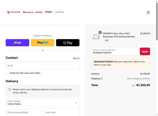 Singer Sewing Machine checkout page showing Singer Sewing Machine promo code box | Screenshot taken by SimplyCodes community member on Sep 12, 2025