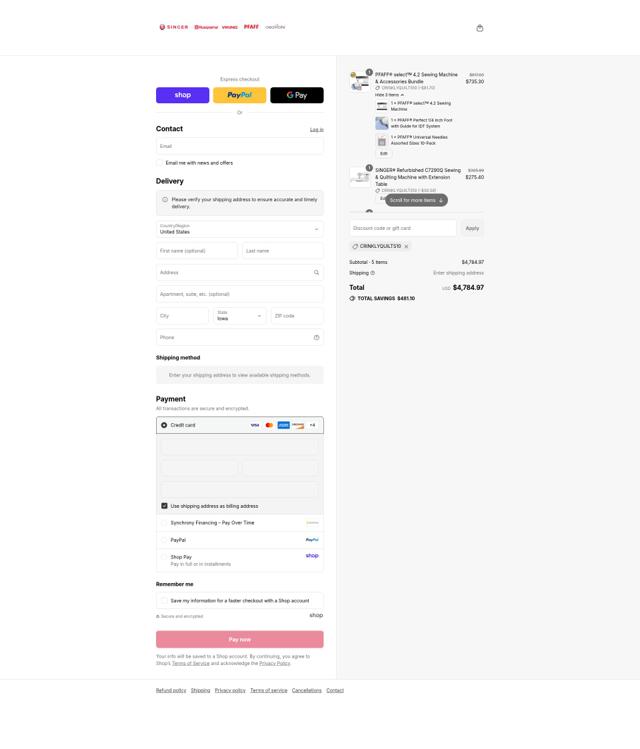 Singer Sewing Machine checkout page showing Singer Sewing Machine promo code box | Screenshot taken by SimplyCodes community member on Sep 8, 2025